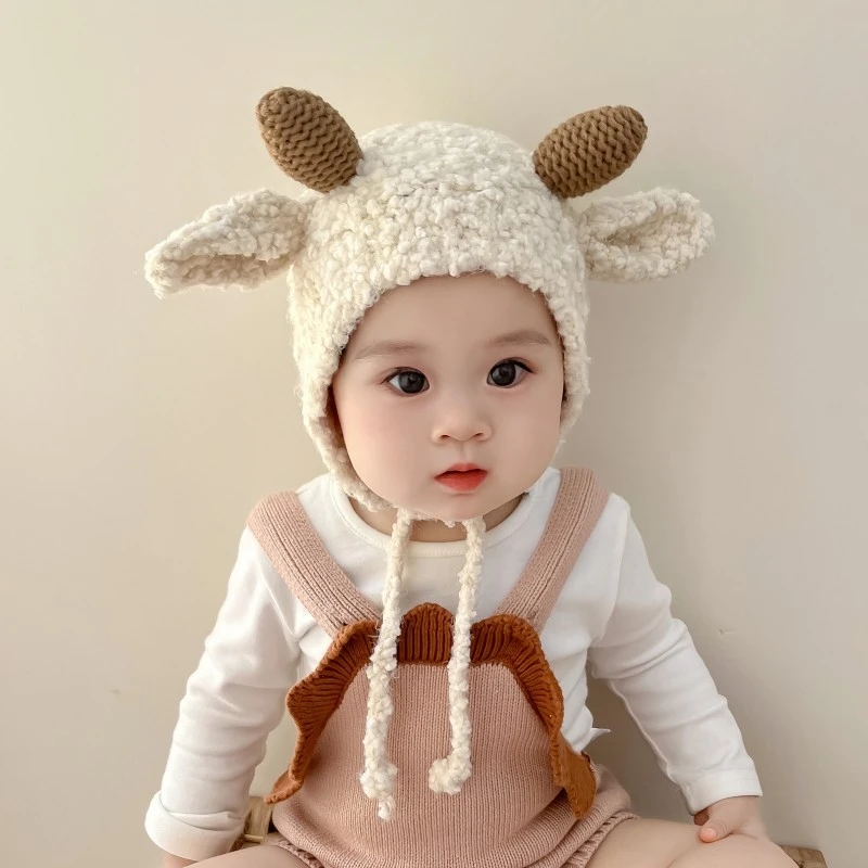 ins风可爱小羊造型婴儿帽子冬季宝宝保暖羊羔毛儿童护耳帽毛线帽