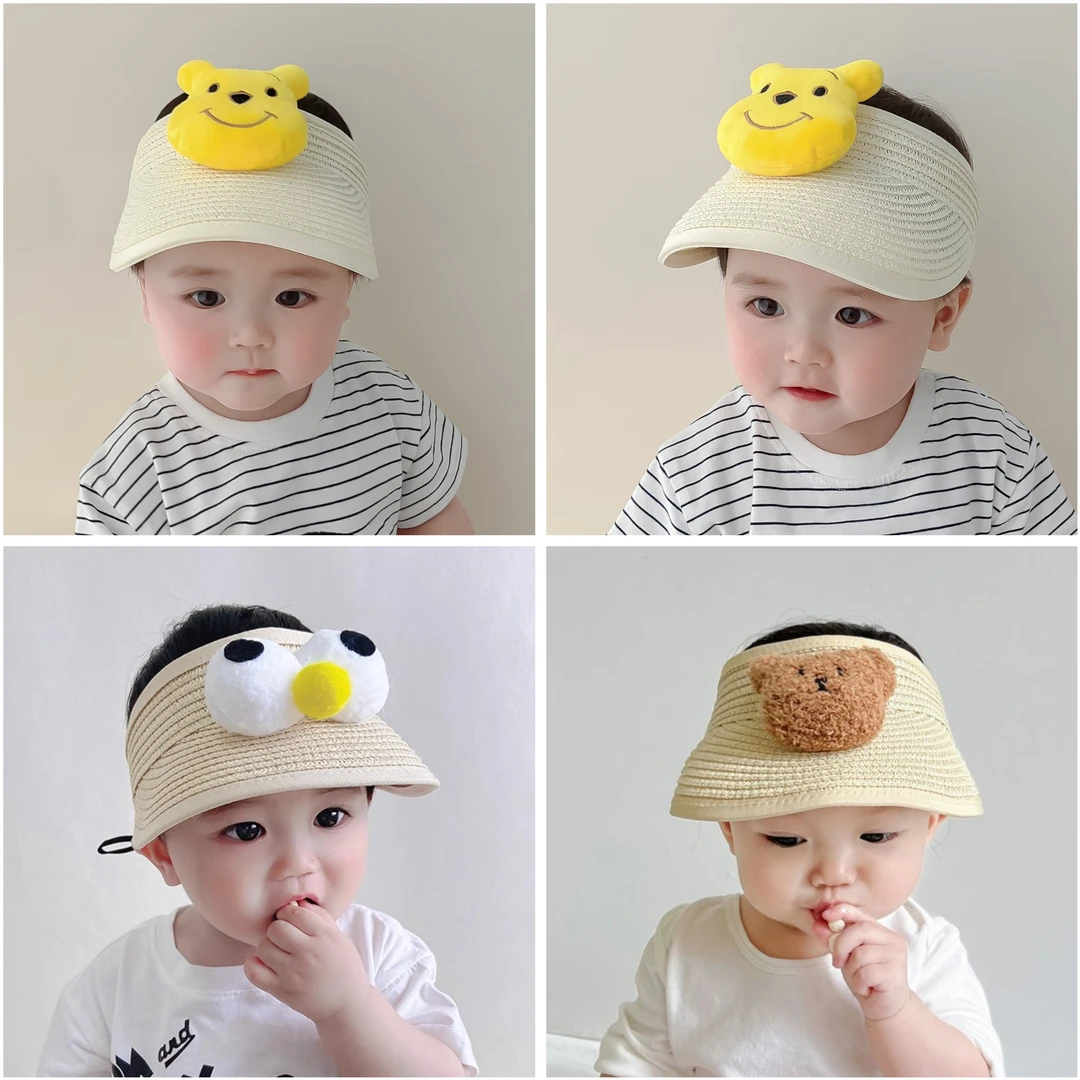 可爱系婴幼儿草帽空顶帽卡通大眼睛遮阳防晒帽可折叠宝宝空顶帽