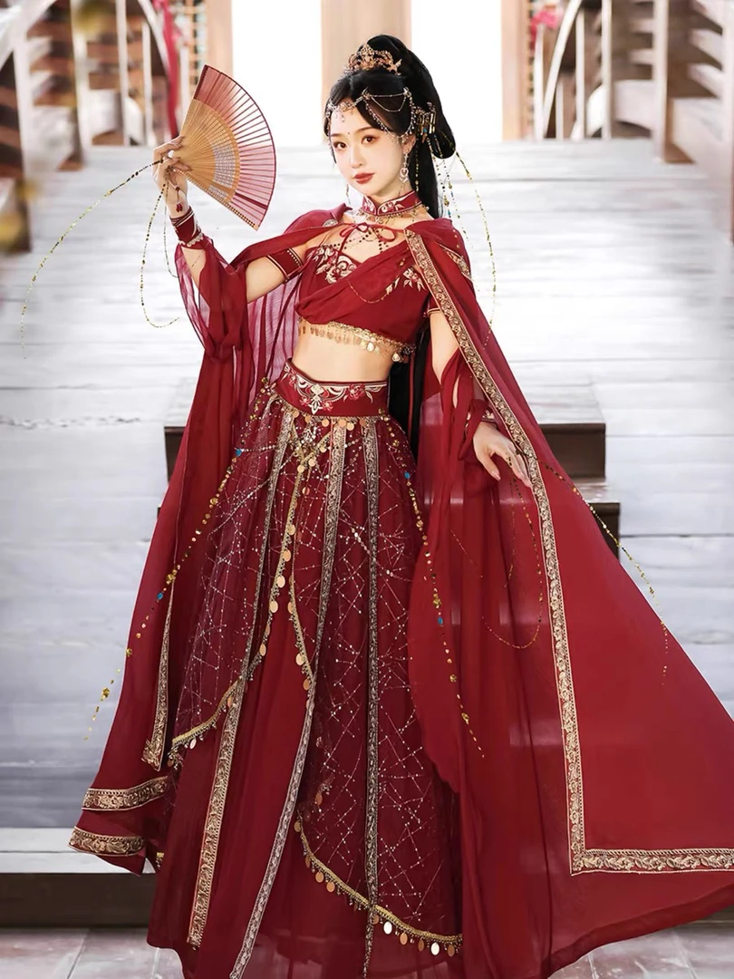 【现货】赤焰神女绝美异域风情敦煌飞天舞蹈服装红色斗篷沙漠公主