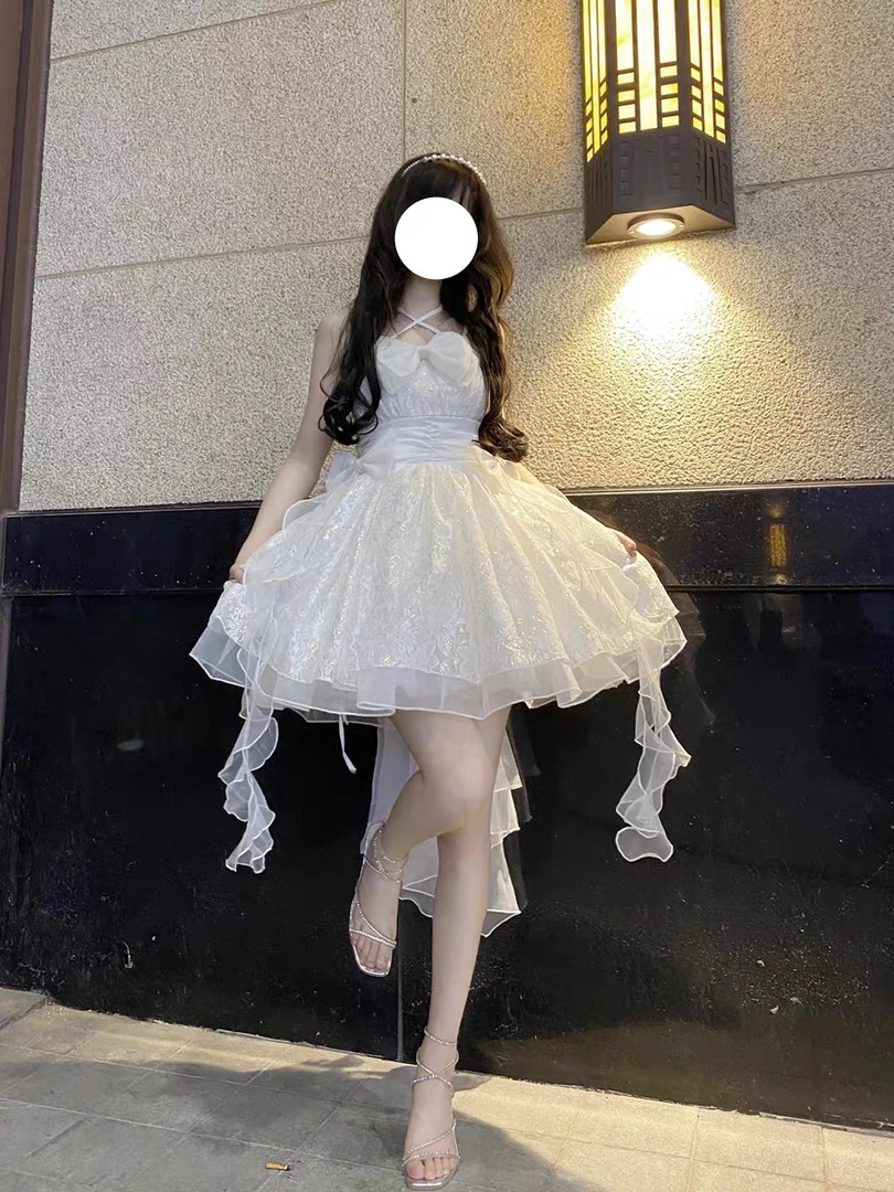 [现货]告白诗歌法式拖尾礼抹胸蕾丝连衣裙收腰公主裙