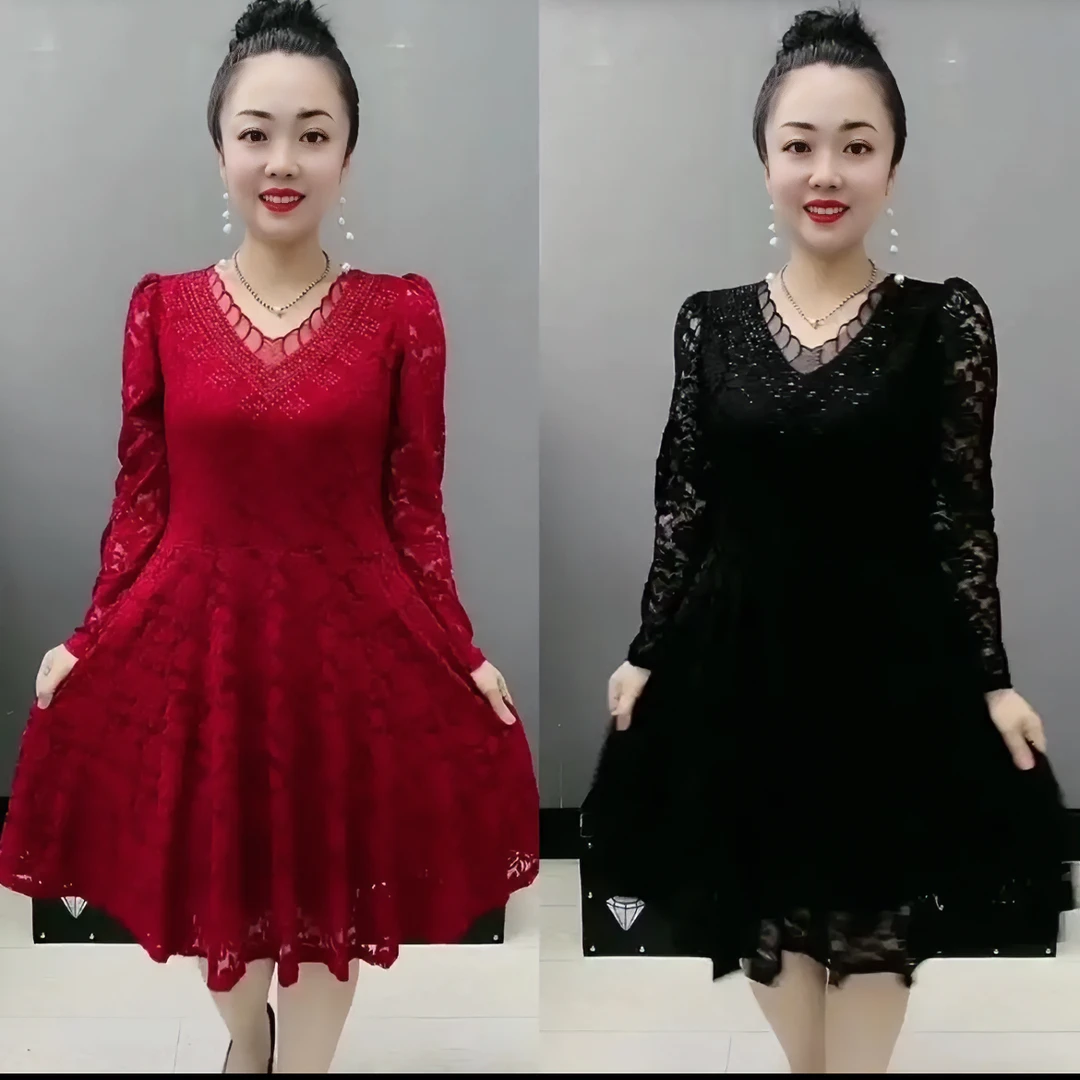 2023中长版V领蕾丝弹力收腰连衣裙女中年妈妈显瘦连衣裙