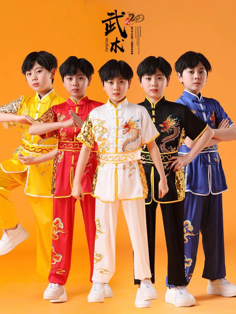 新款儿童武术训练服春夏季中国风刺绣短袖套装武馆服装比赛表演服