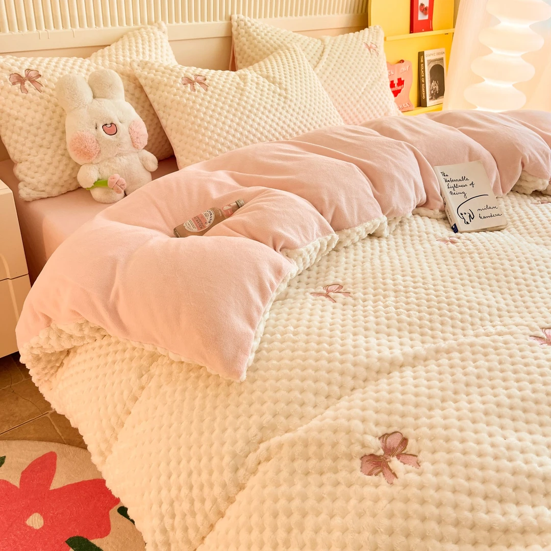 A类豆豆牛奶绒床上四件套加厚保暖冬季双面珊瑚绒床单三件套床品