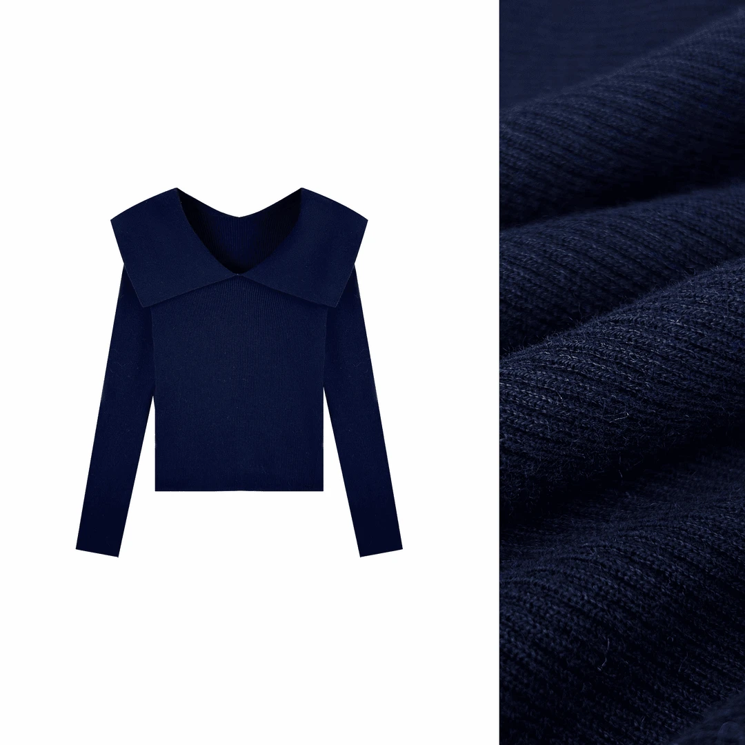 【回归线】 大翻领修身款针织衫女秋新款显瘦针织毛衣打底