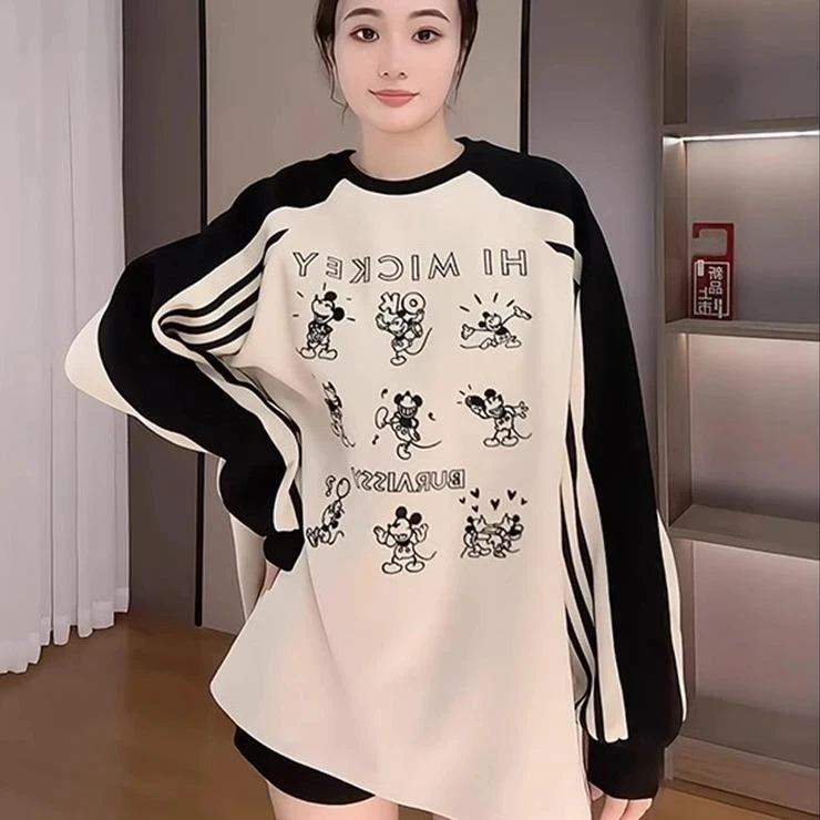 【米奇的假期】时尚圆领插肩卫衣休闲百搭K长袖卡通秋冬撞色拼色