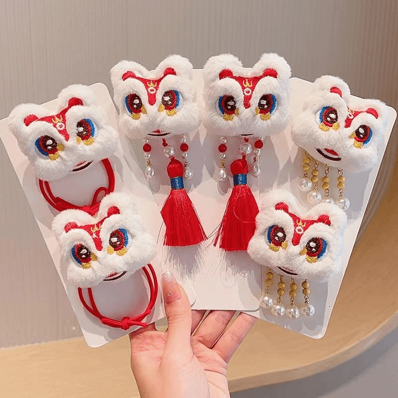 新年儿童醒狮中国风发夹发绳古风头饰汉服红色龙过年发饰女童发圈