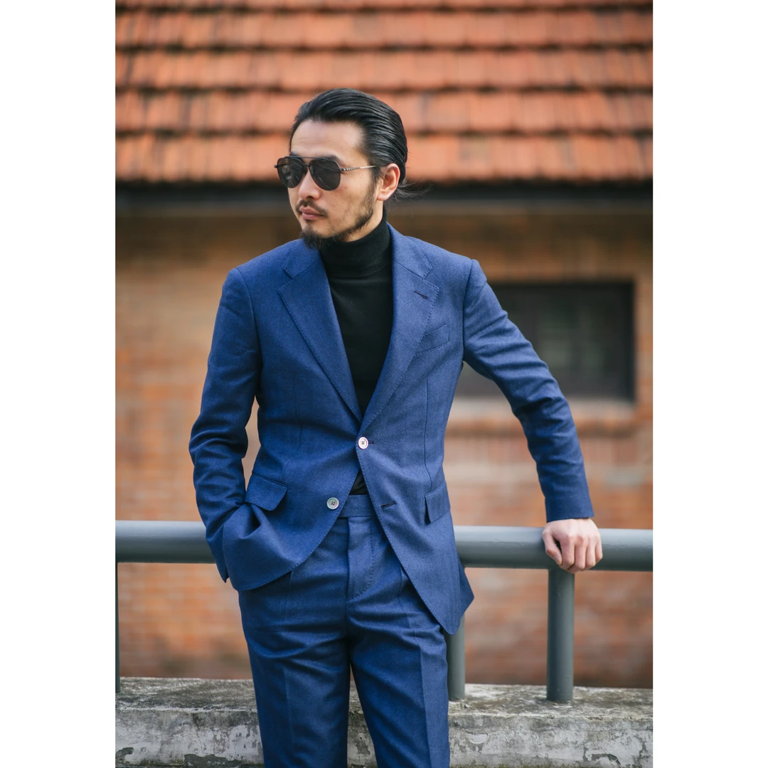 【蓝色法兰绒单西】全手工半麻衬秋冬西服上衣平驳领男士西服修身