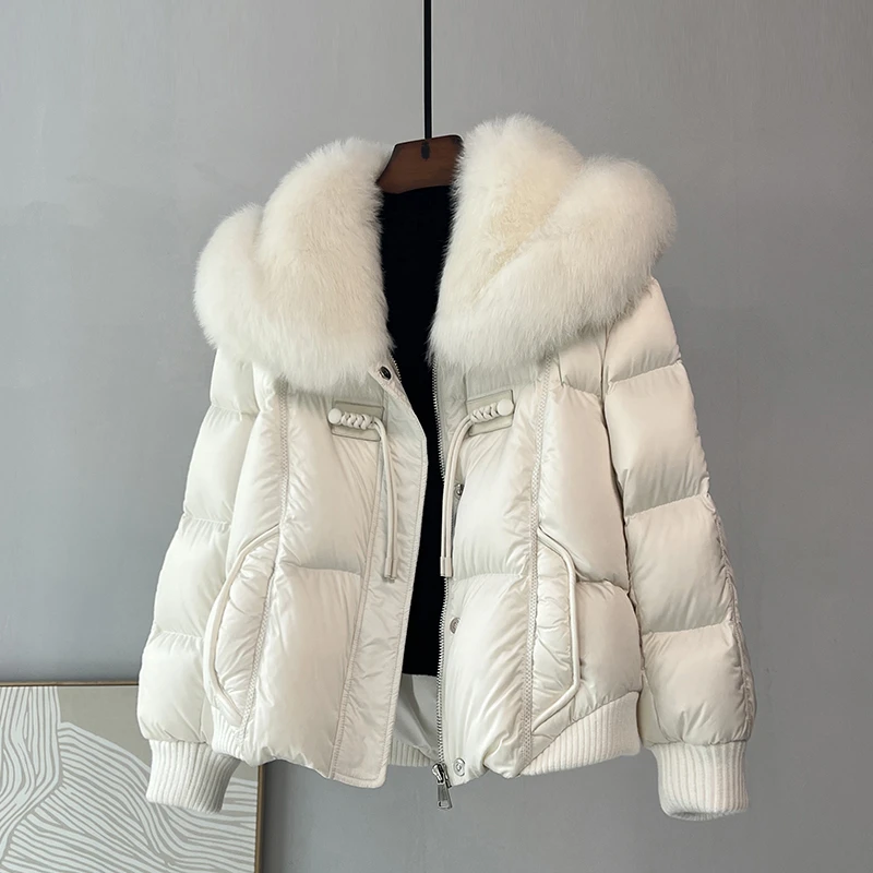 国风新中式女装冬装显瘦短款白鹅绒服短款狐狸毛皮草羽绒服小个子
