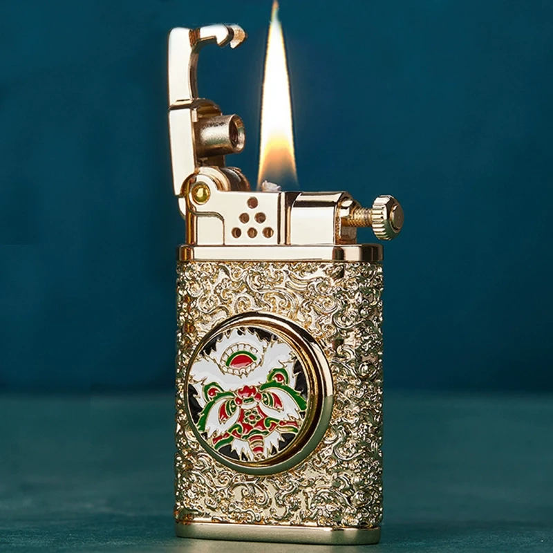 一键弹射点火煤油打火机解压旋转醒狮复古火机送男朋友