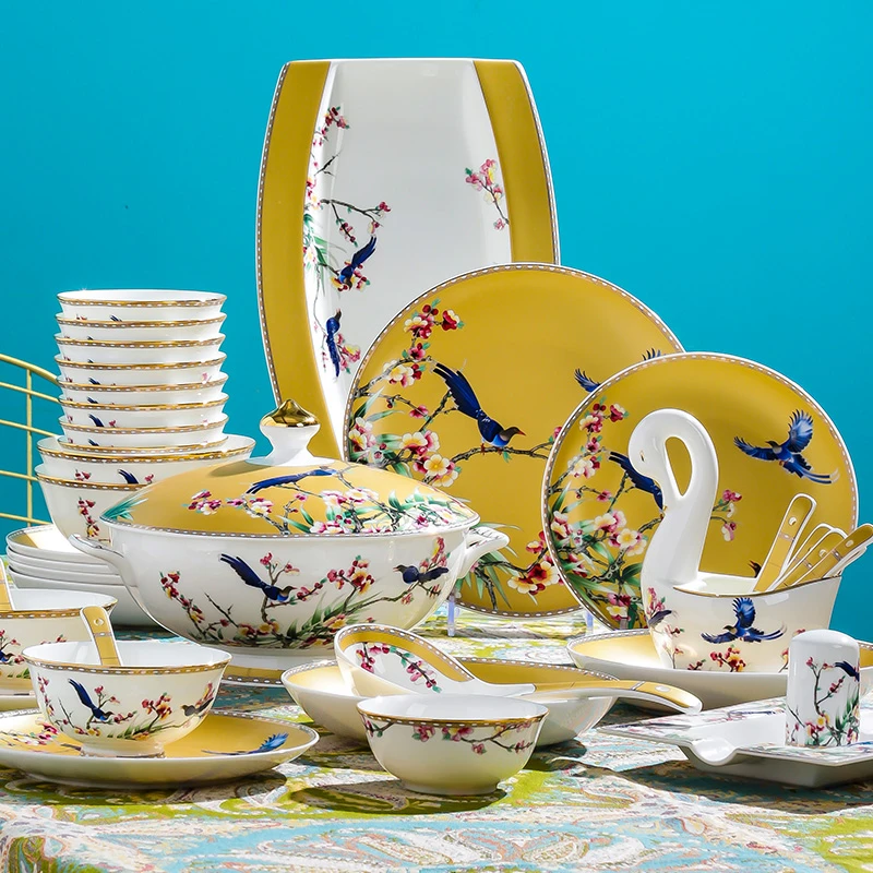 喜上眉梢60件景德镇豪华套装骨瓷餐具家用餐具套装乔迁送礼碗碟盘