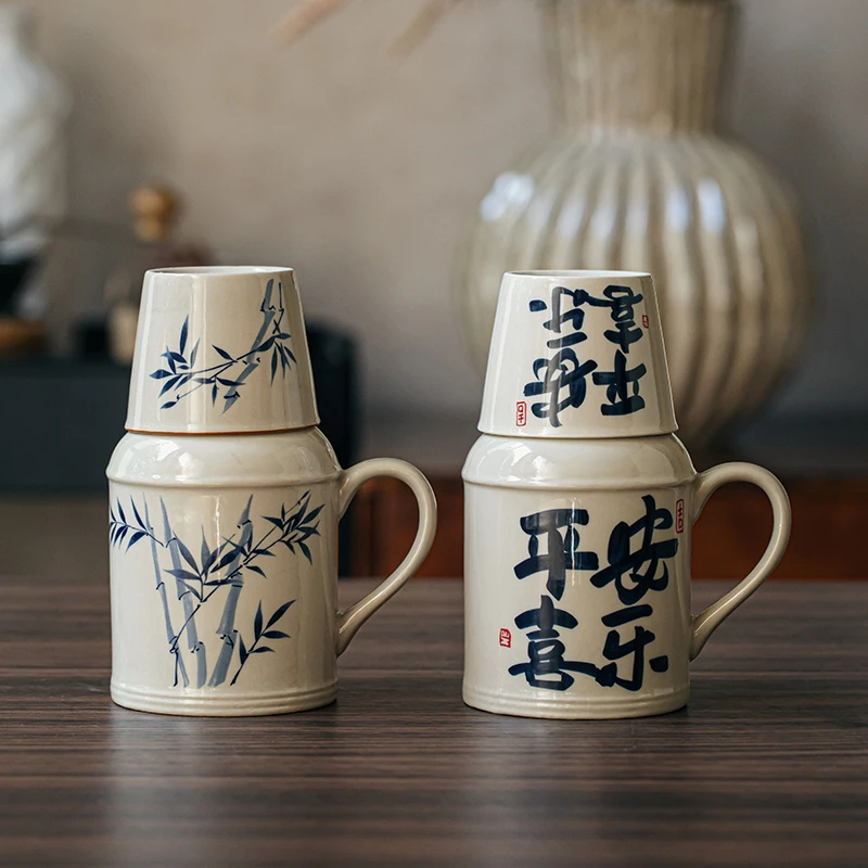 小悠家〖国潮文创小暖壶〗办公室陶瓷杯子带盖中国风马克杯泡茶杯