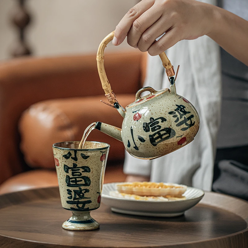 小悠家〖小富婆中式手绘茶壶〗粗陶提梁壶女士一人小壶泡茶壶茶具