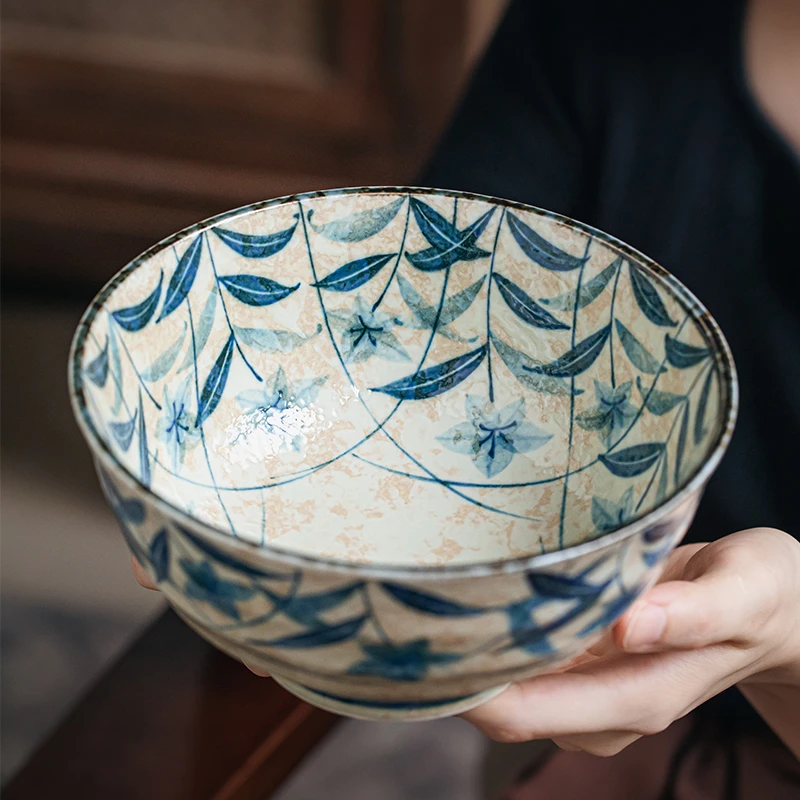 小悠家〖日本进口〗桔梗6.5英寸高脚面碗釉下彩陶瓷老式海碗汤碗