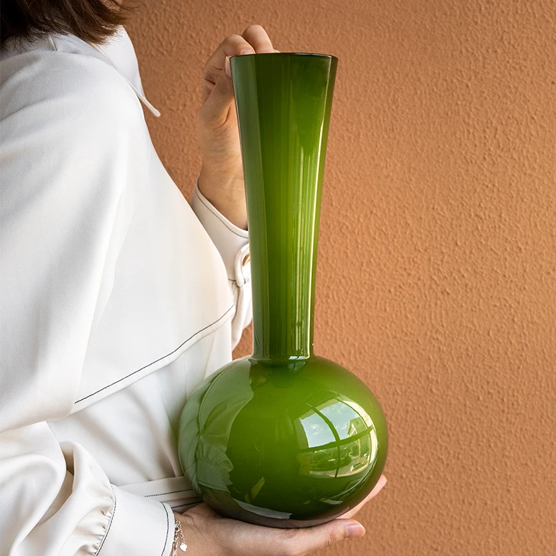 小悠家 琉璃轻奢复古绿色长颈花瓶玄关玻璃摆件蝴蝶兰插花器