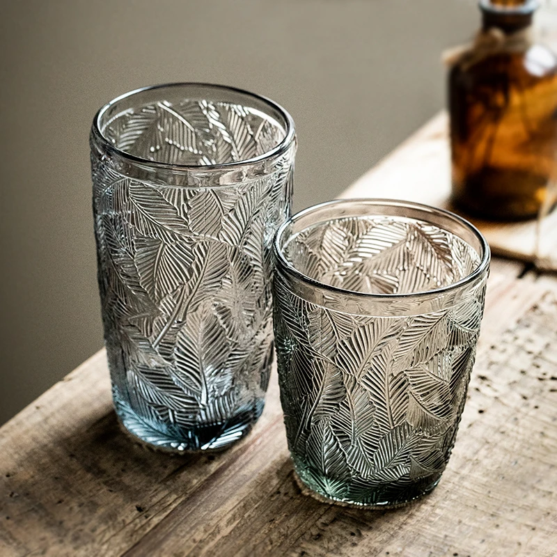 小悠家 珐琅树叶纹复古浮雕玻璃杯茶杯网红创意水杯家用冷饮杯