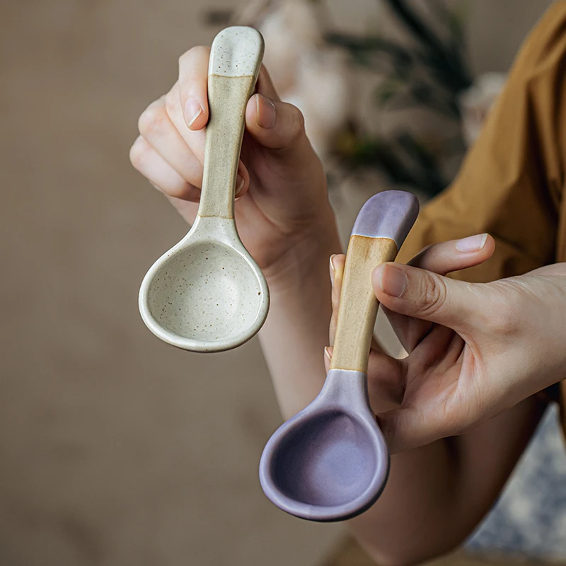 小悠家〖好看的胖胖勺子〗粗陶调羹陶瓷勺儿童小汤勺长柄饭勺家用