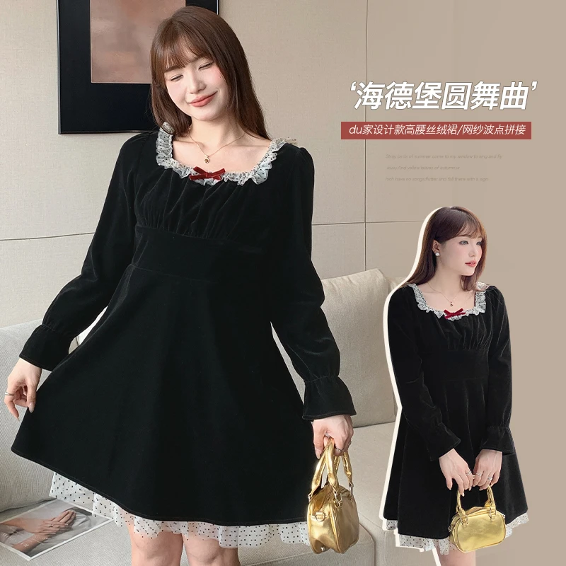 【海德堡】欧美复古丝绒蕾丝裙洋气减龄大码连衣裙胖mm显瘦公主裙