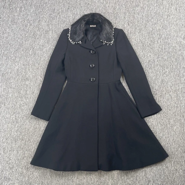 99新 MIU MIU/缪缪 Miumiu黑色设计款收腰毛呢大衣/38码/98新/