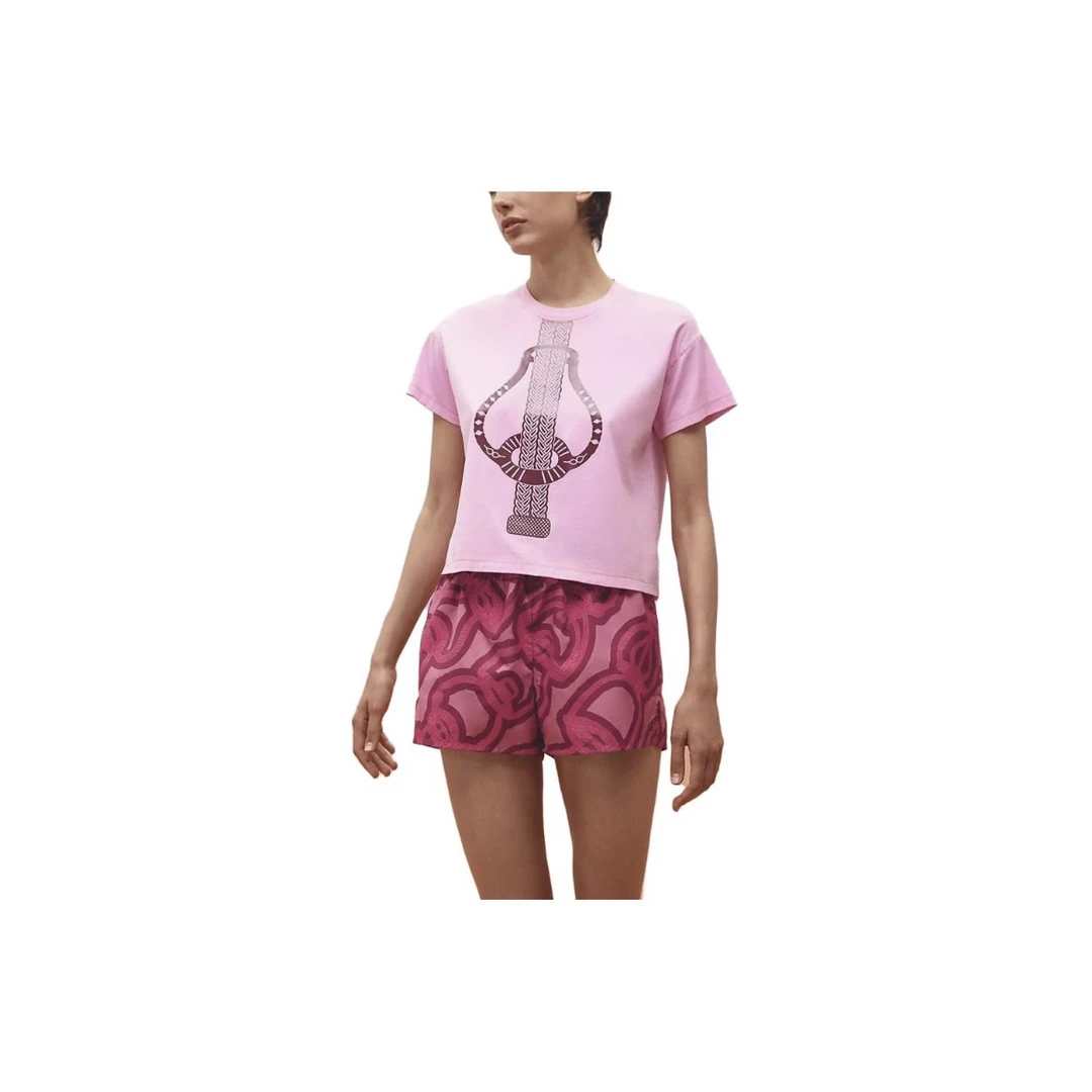 HERMES粉色麦穗马鞍扣环吉他印花短袖/34码/99新/公价6154/6399
