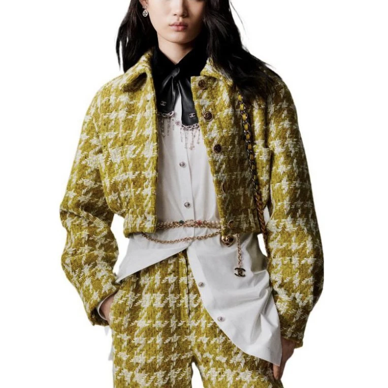 CHANEL黄色FW22 格纹短款夹克小香风外套/34码/99新/6665