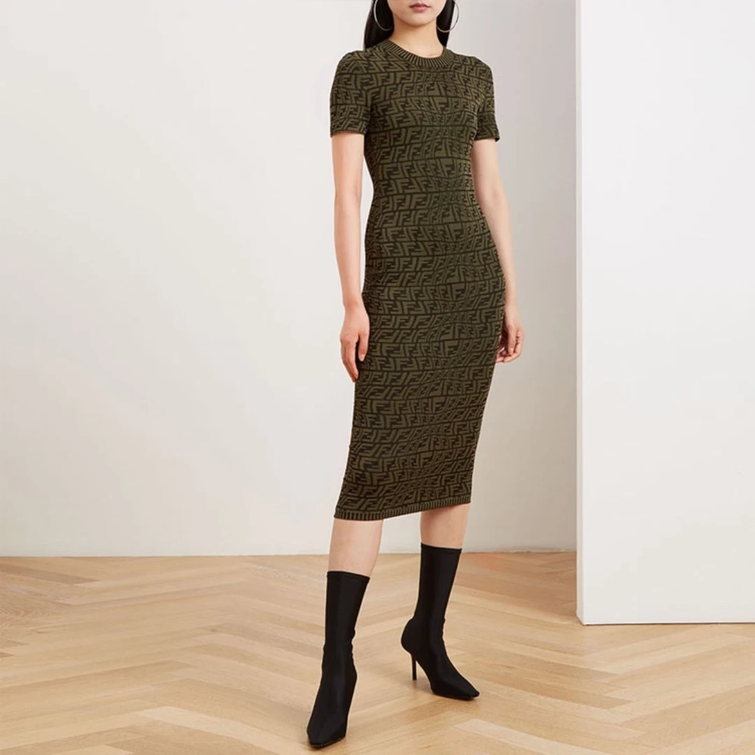 99新 FENDI/芬迪 8832Logo满印长款包臀短袖连衣裙/40码/99新