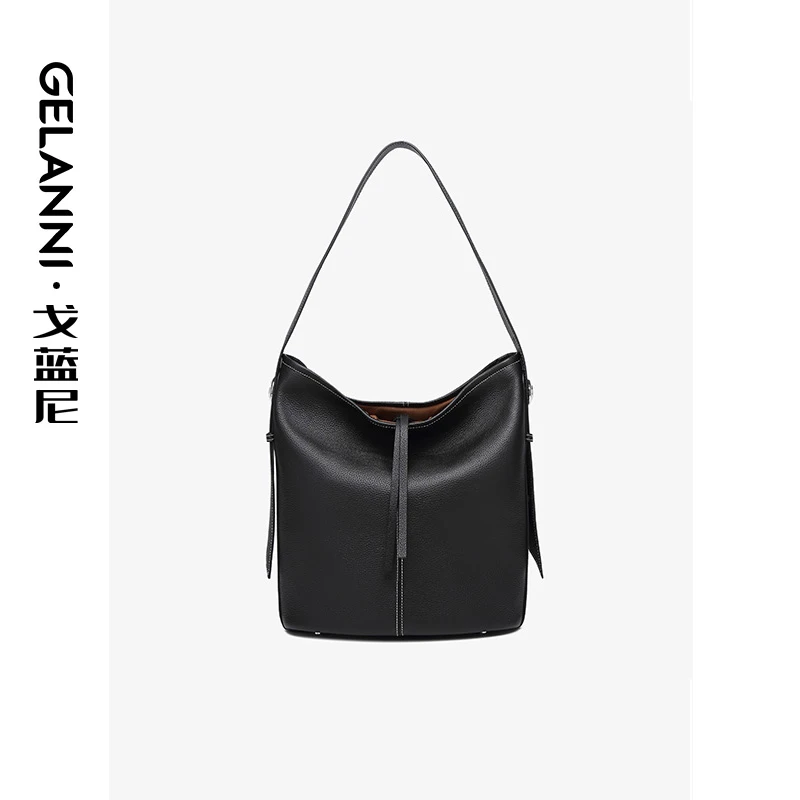 GELANNI黑色时尚百搭大容量单肩包高级感通勤斜挎水桶包2451039