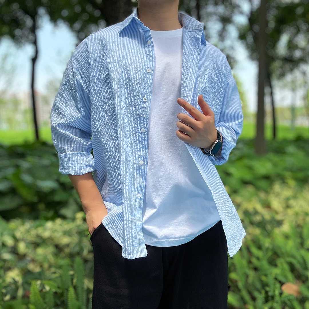 陆星家【海洋之谜】泡泡纱夏季男士条纹轻奢痞帅男装C032