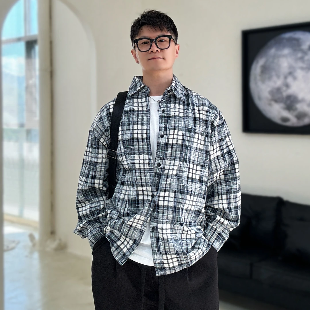 陆星家【磨毛双色格】复古秋季格子新款男生外套宽松长袖衬衫C212