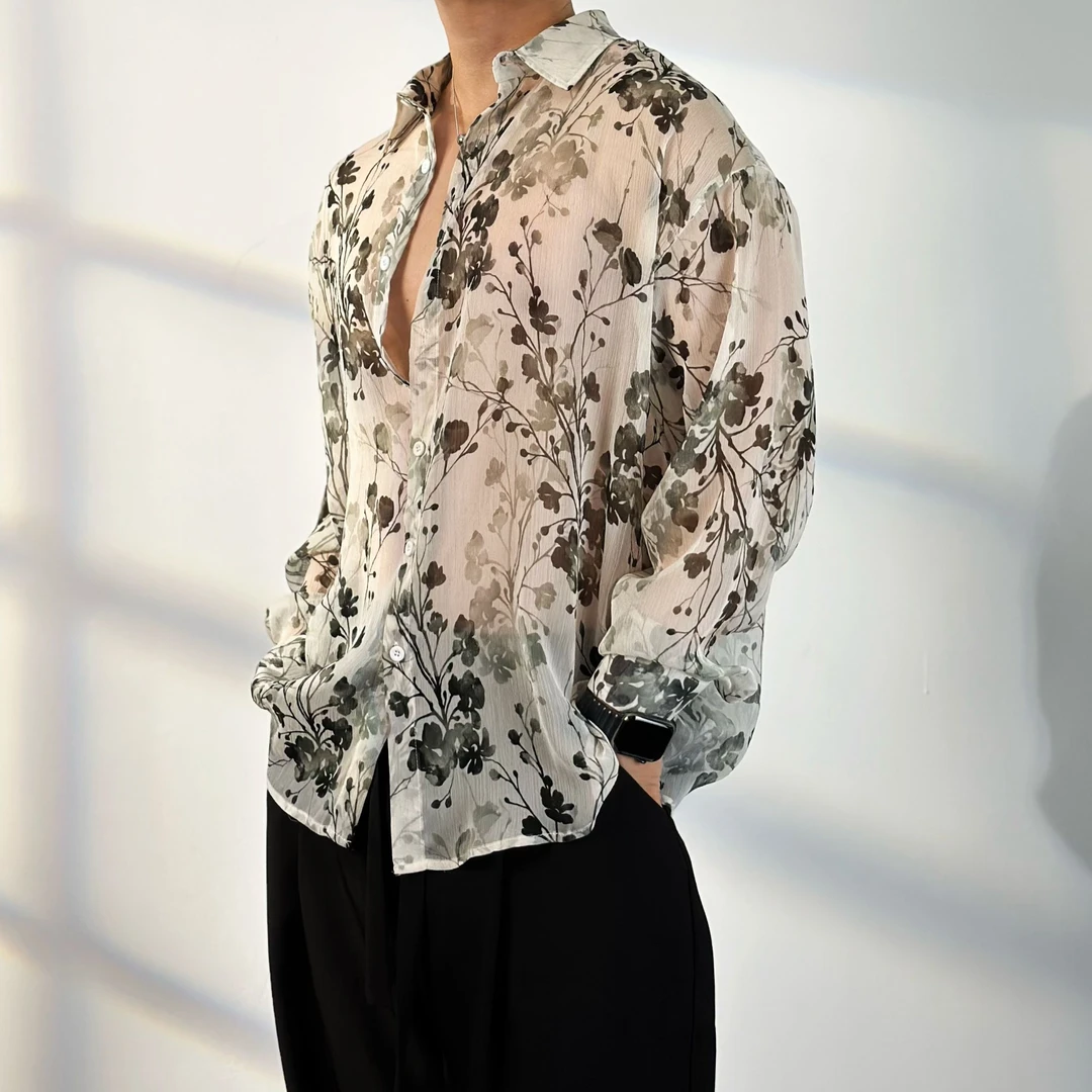 陆星家【水墨桃花】透明薄纱夏季男士长袖花衬衫高定小众休闲潮C029