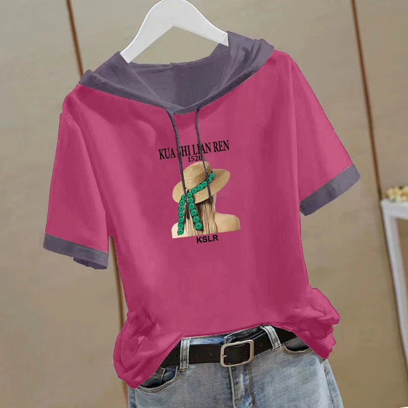 连帽拼接短袖t恤女2025夏季新款印花休闲大码宽松潮流百搭女上衣