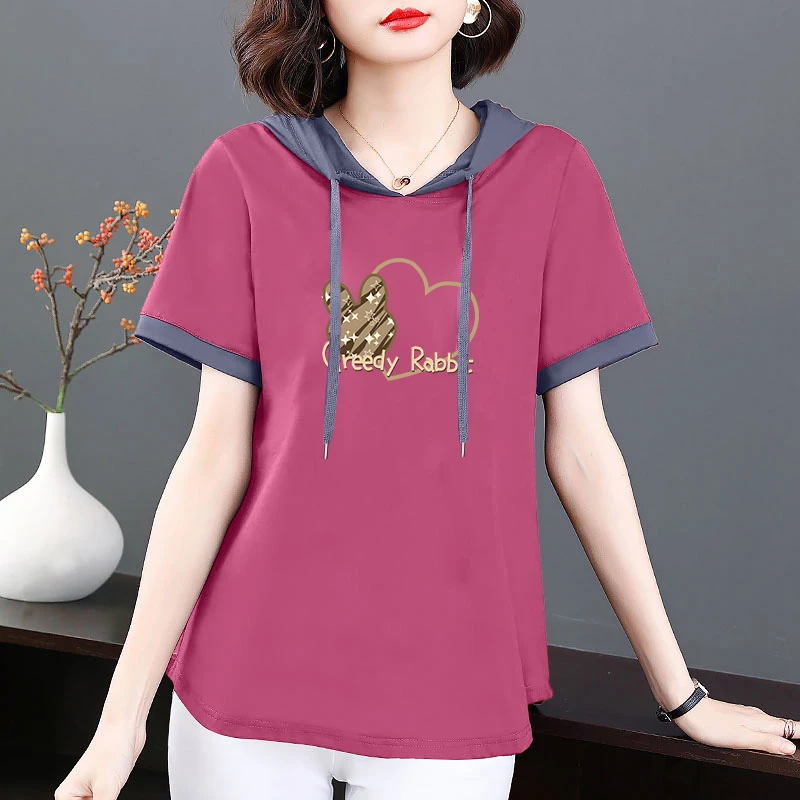 纯棉短袖t恤女宽松版体恤2025年夏季新款韩版女士洋气连帽上衣t衫