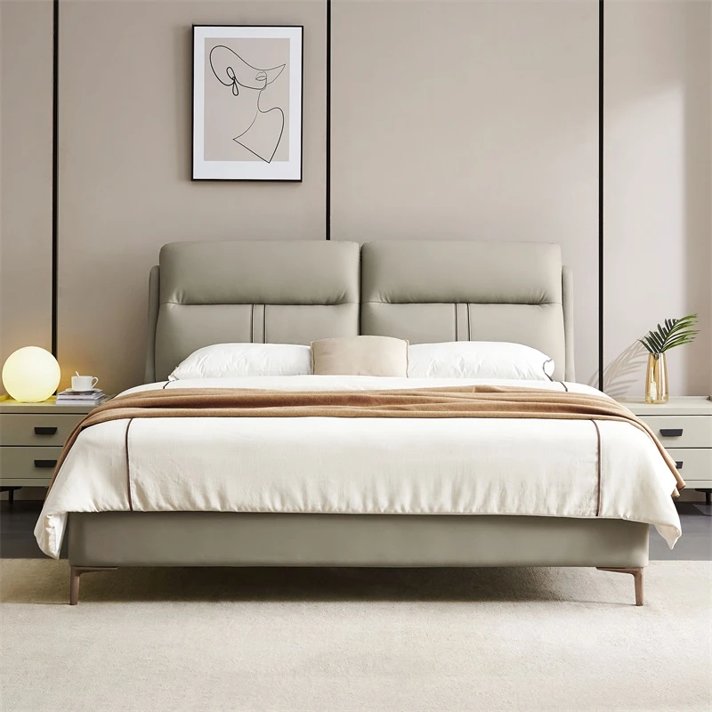 林氏家居北欧软包真皮床主卧室轻奢摔纹头层牛皮大床TPC029 WB