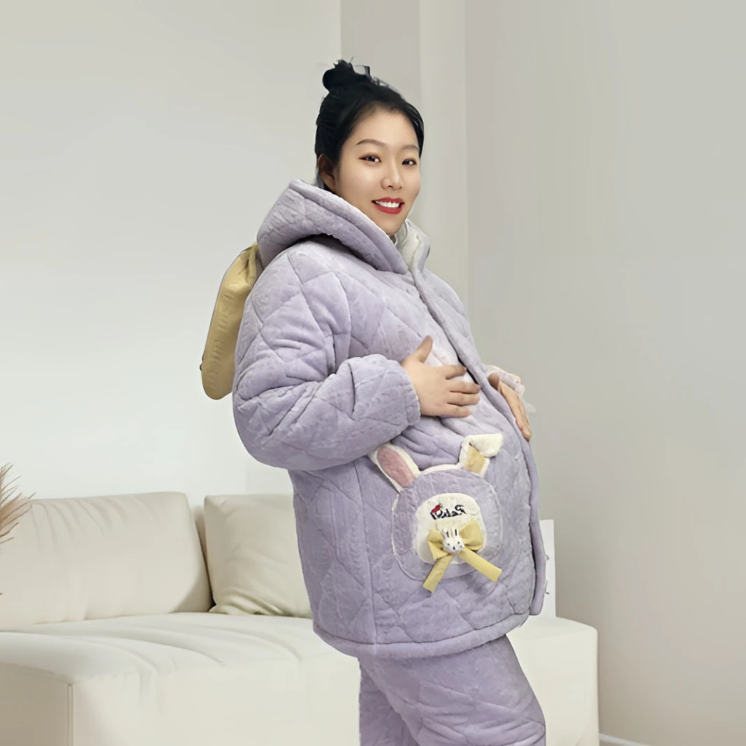 冬款新款女士加绒加厚孕妇装睡衣三层加棉加大居家服套装