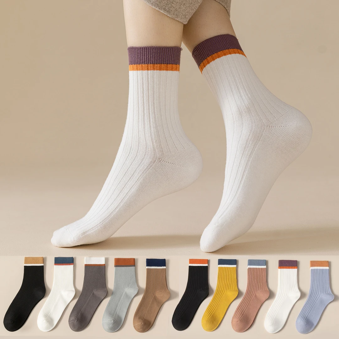 男士女士秋冬款细条彩拼中筒袜 吸汗百搭高筒棉袜 男防臭长袜子