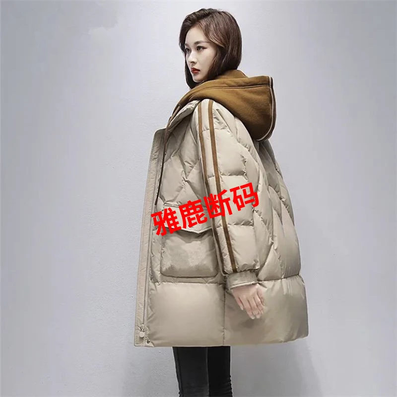雅鹿新款羽绒服羽绒服女假两件中长款2023年冬季新款潮流休闲连帽