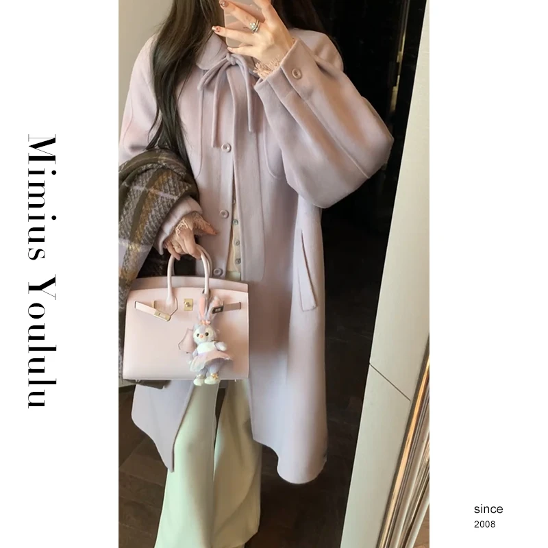 【mimius】喵喵 小众韩系小翻领系带鹅绒毛呢大衣(送围巾）F10297