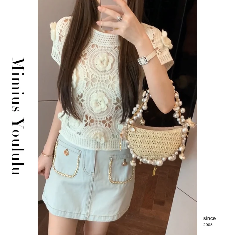 【mimius】沐沐【波普山茶花】镂空钩花针织清凉短袖 WF05035