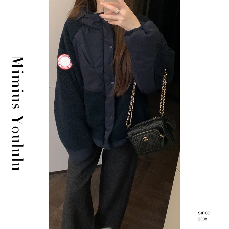 【mimius】悦悦 男女同款经典拼接羊羔毛连帽厚鹅绒外套 F10148