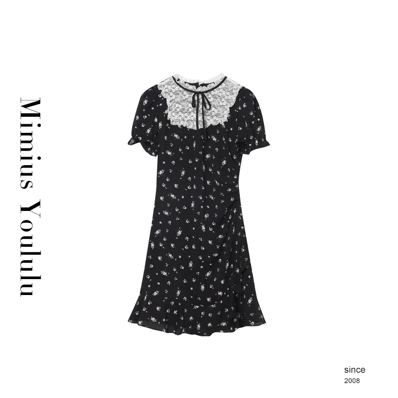 【mimius】&喵喵【茶色山野】法式复古蕾丝拼接碎花连衣裙 F06039