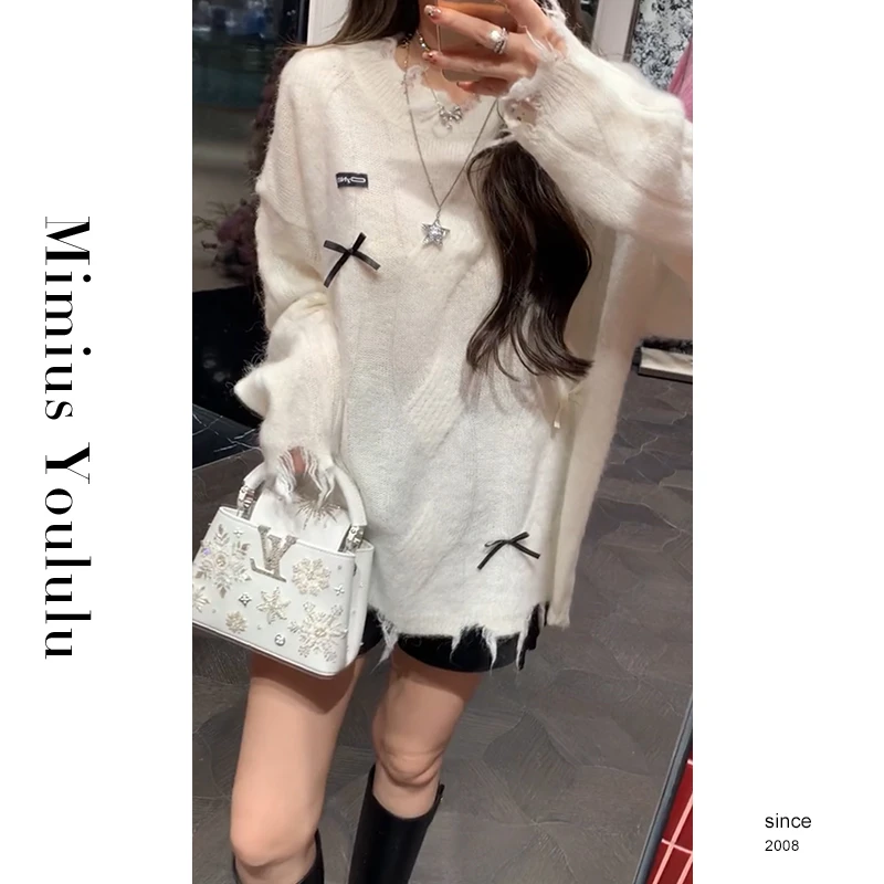 【mimius】B游鹿鹿 蝴蝶结套头设计感破洞不规则毛边毛衣 WF11077