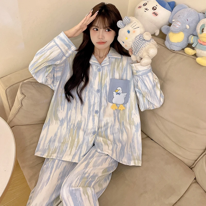 暖暖磨毛德绒睡衣女秋冬季加绒加厚长袖长裤简约家居服鸭鸭套装