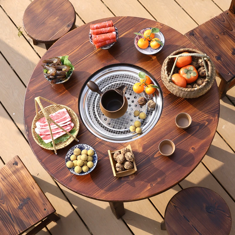 【电碳两用】室内围炉煮茶桌实木烧烤桌架茶几休闲烧烤一体取暖