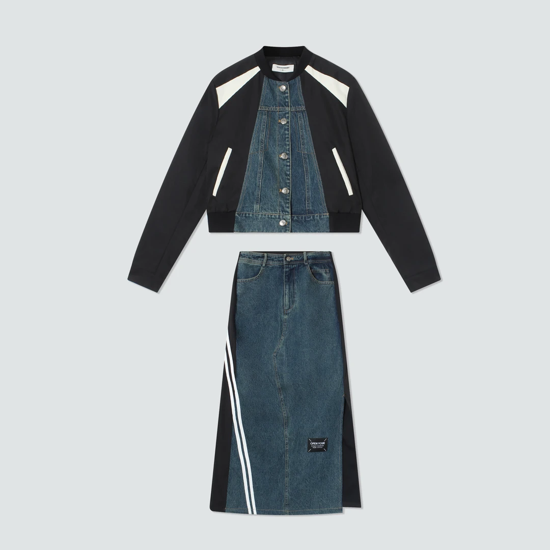 气质牛仔短外套显瘦拼接半身裙两件套装（CAB136）