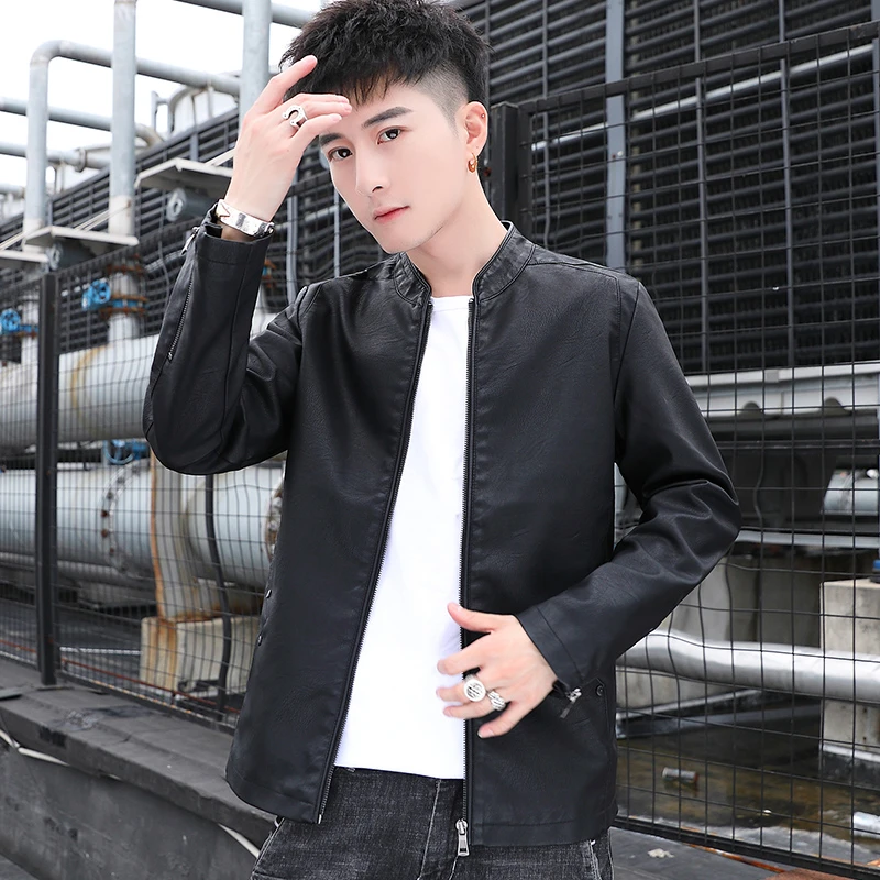 培蒙培蒙男士高档机车皮衣小立领韩版帅气修身外套时尚休闲百搭