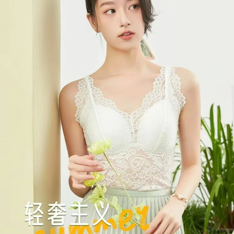 春秋长款法式蕾丝乳胶美背一体固定杯吊带背心3363