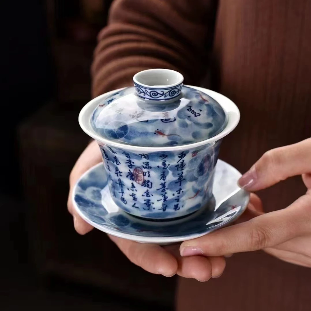 联谊爱莲说白瓷三才盖碗古风泡茶茶具