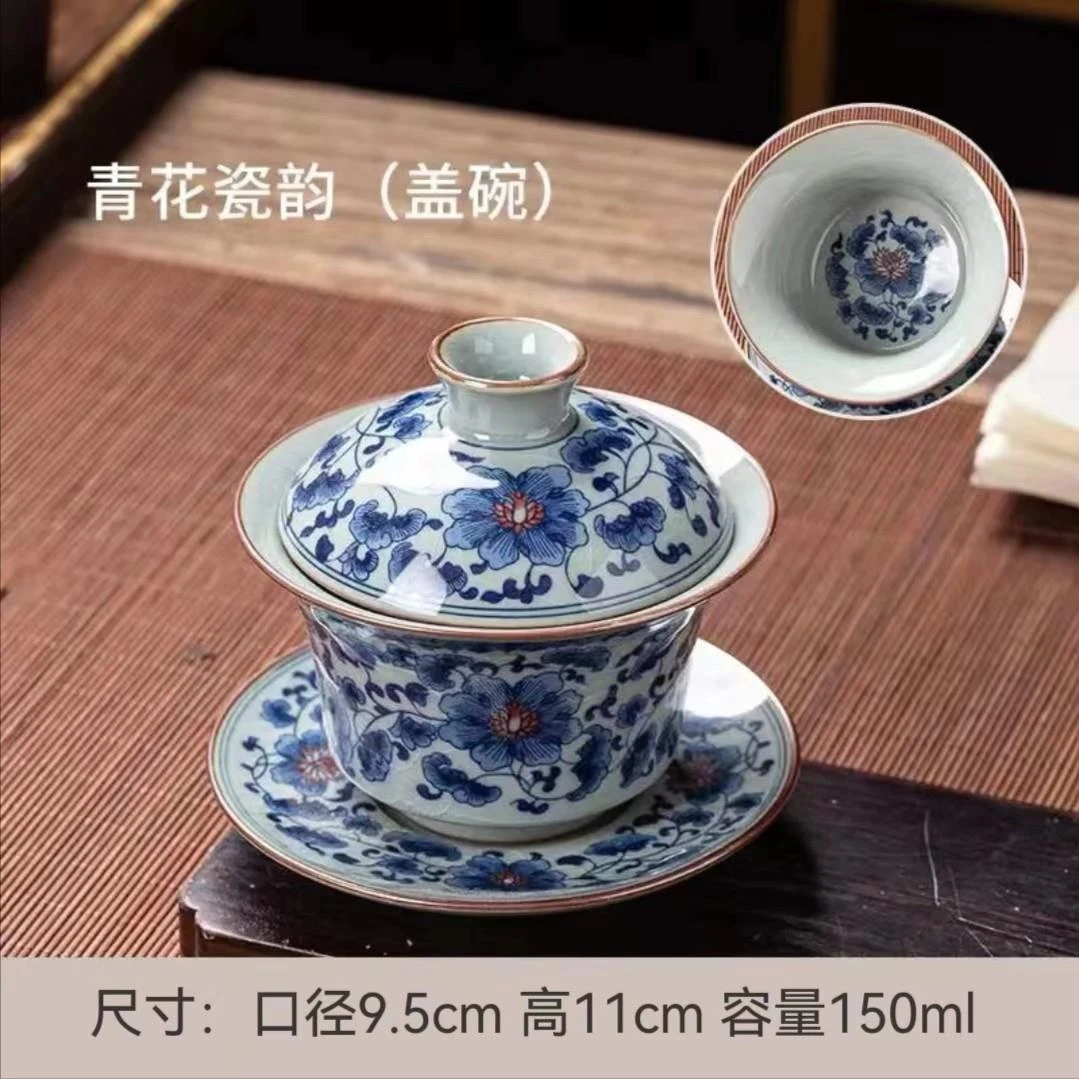 联谊老陶泥青花瓷韵三才盖碗茶具开片可养复古瓷盖碗泡茶器釉下彩