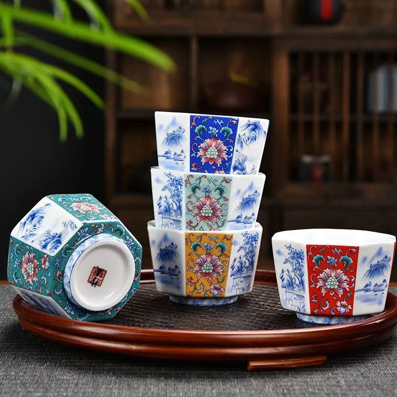 联谊八方杯青花珐琅彩喝茶杯泡茶杯茶具茶杯陶瓷仿古主人杯D11