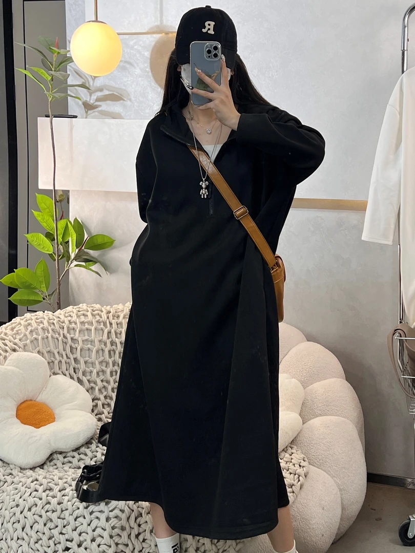 【春季新款】2025显瘦百搭连帽半开拉链领气质时尚宽松高级感卫衣裙