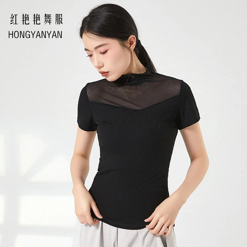 现舞蹈服现代舞练功服上衣健身时尚夏季打底修身高领弹力舞服短袖